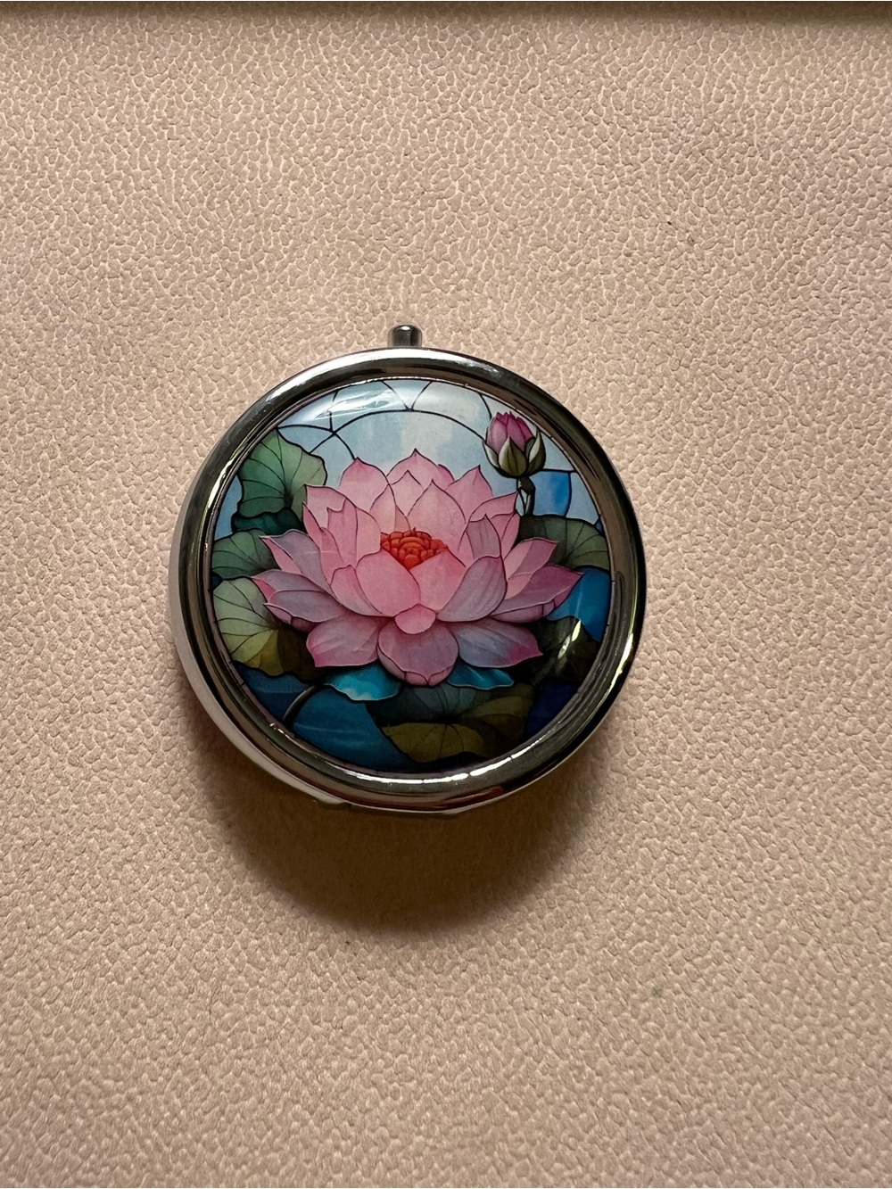 Pink Lotus Pill Box with Floral Stained-Glass Art Design
